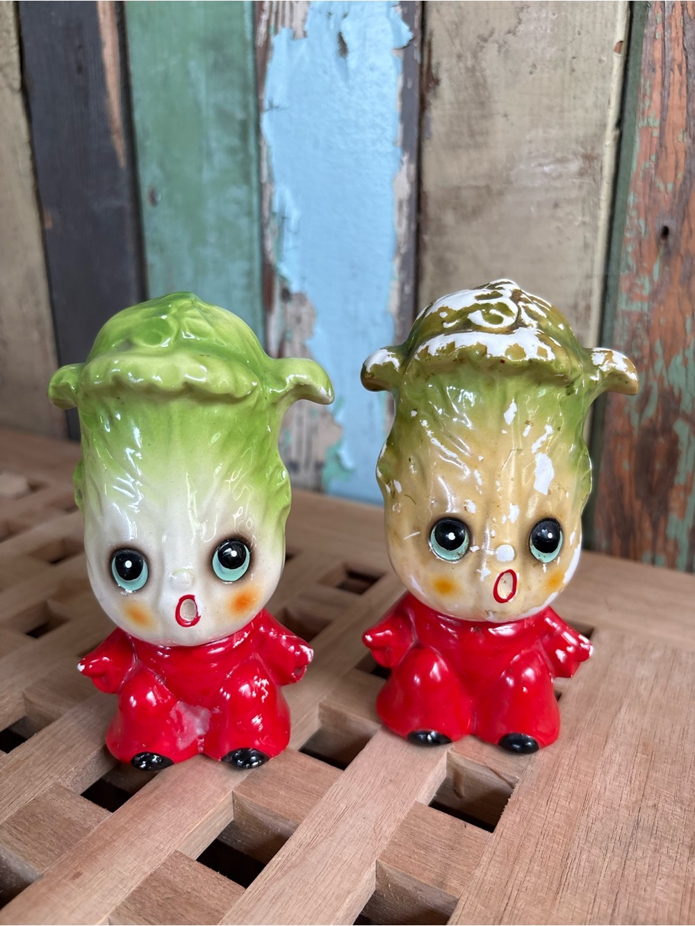 Vintage Anthropomorphic Salt & Pepper Shakers Romaine Lettuce Leek Bok Choy